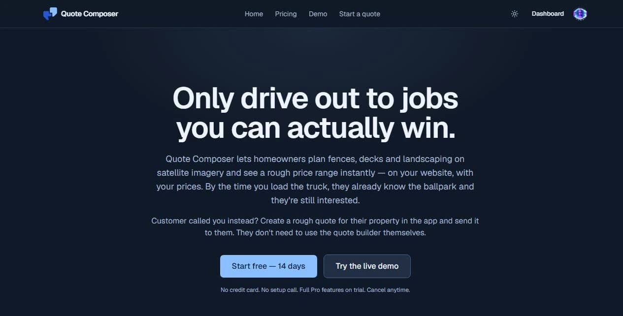 Quote Composer landing page with its logo, top navigation, and contractor estimating introduction